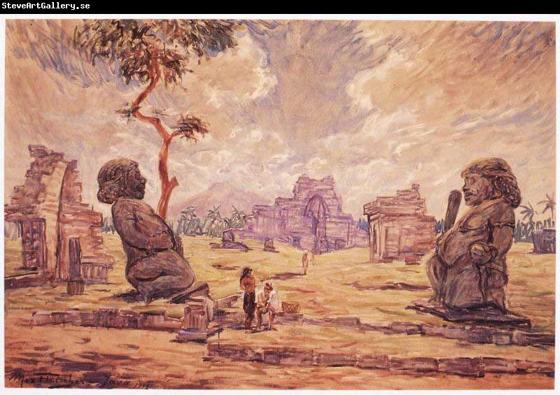 unknow artist Oil painting. Temple ruins in Candi Sewu